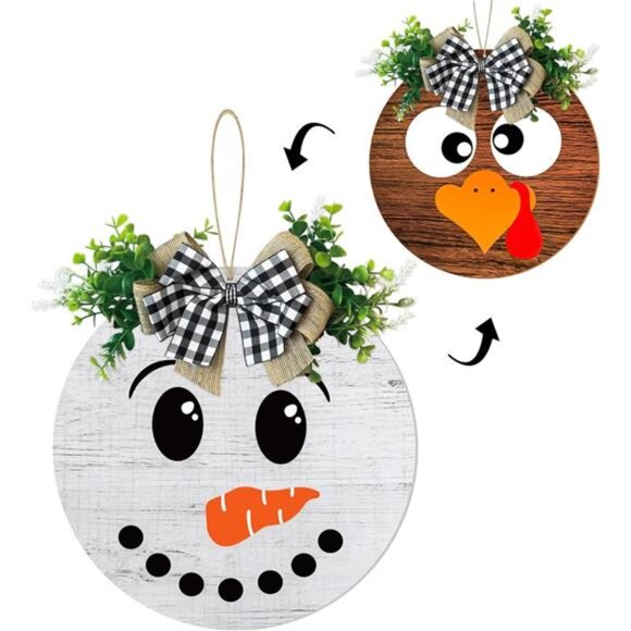 New Thanksgiving/Winter Hanging Door Sign, Turkey/Snowman Reversible Door Wreath - Picture 1 of 8